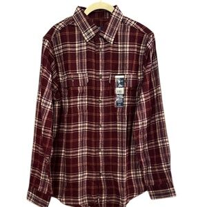 George Men’s Small Burgundy Maroon Cream Plaid Flannel Shirt Button-Up